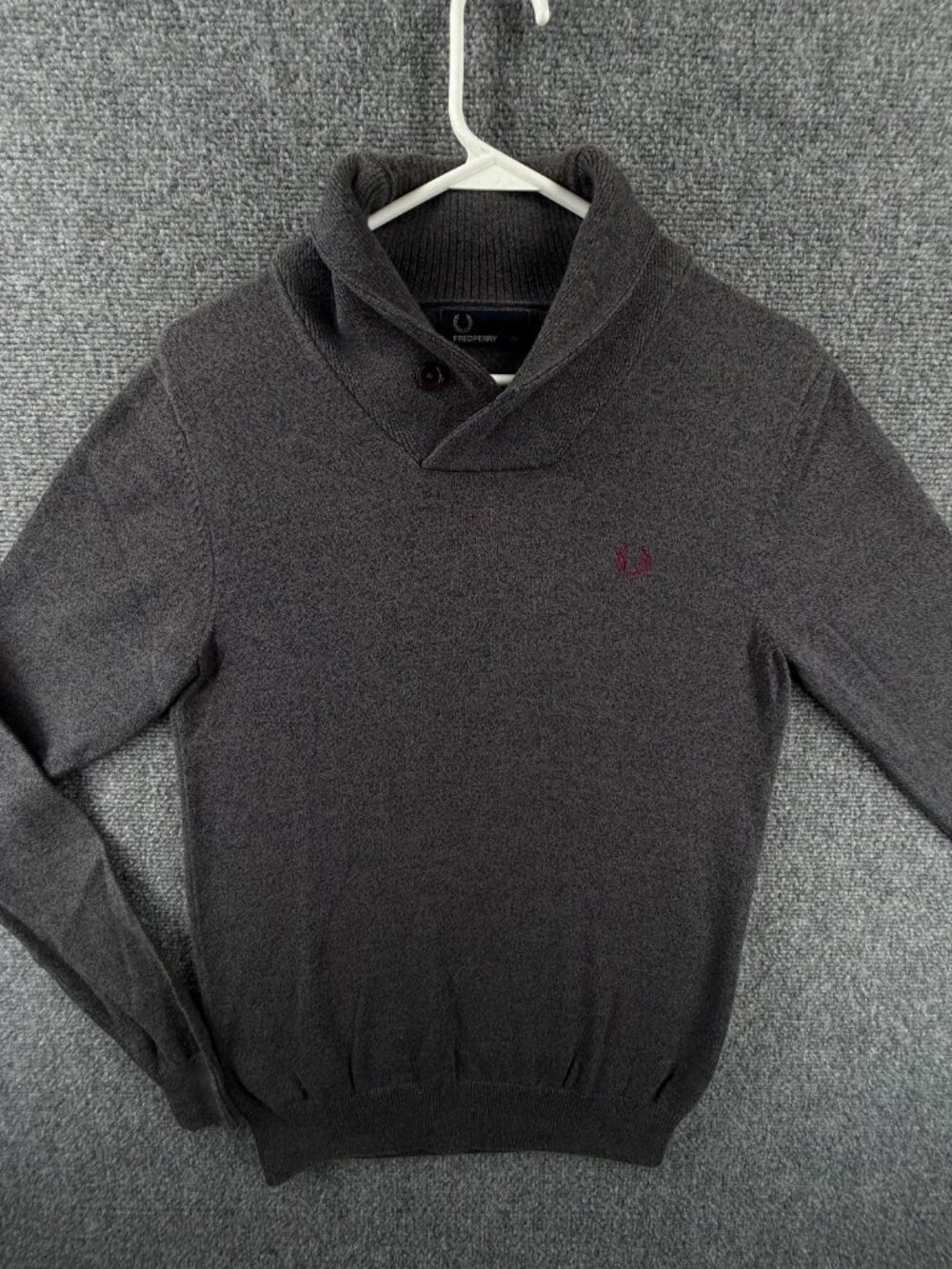 Fred Perry Men Knit Sweater XS Gray Shawl Neck Preppy Wool Cotton Blend Soft